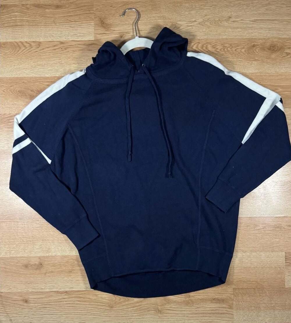 Athleta Navy Blue and White Striped Sleeves vintage y2k Knit Hoodie Sweater